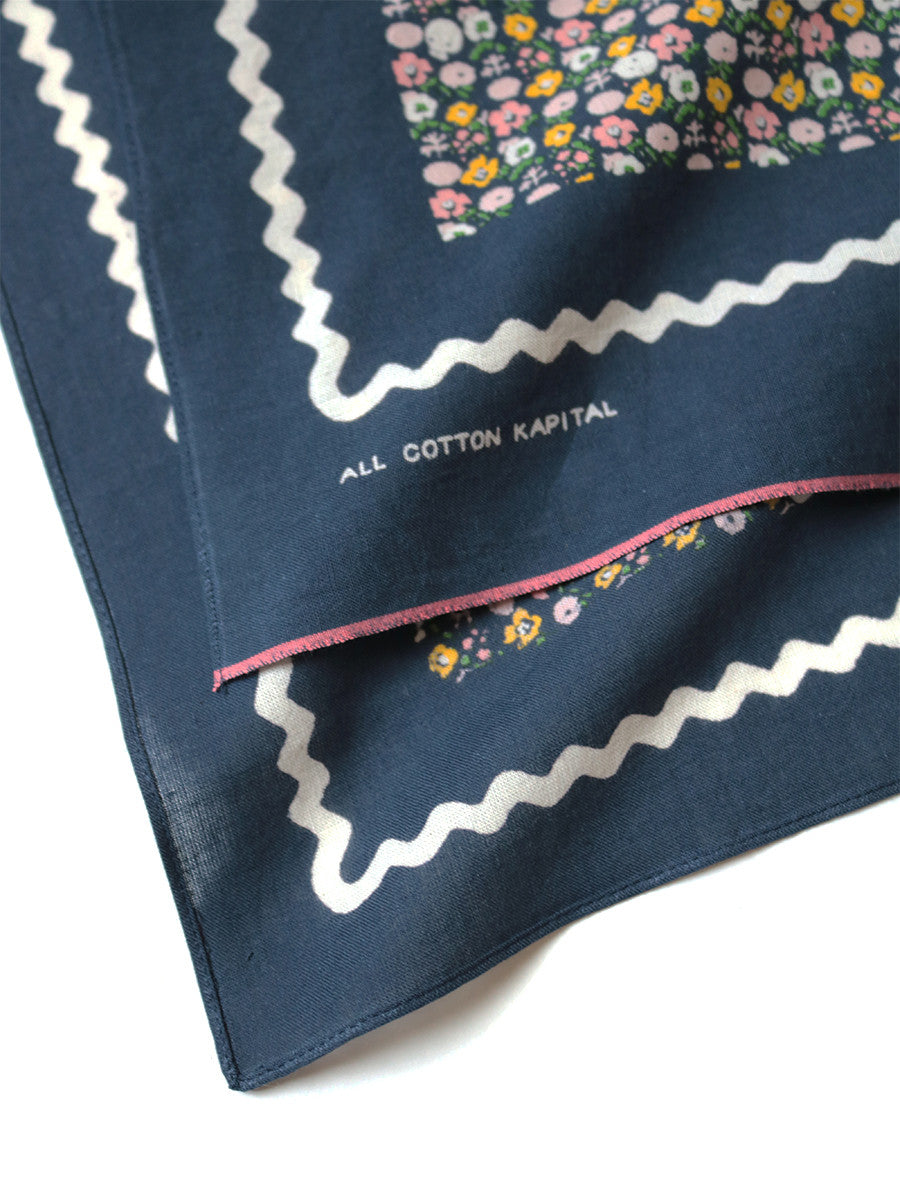 KAPITAL FASTCOLOR SELVEDGE BANDANNA (SKULL & FLOWER) 'NAVY'