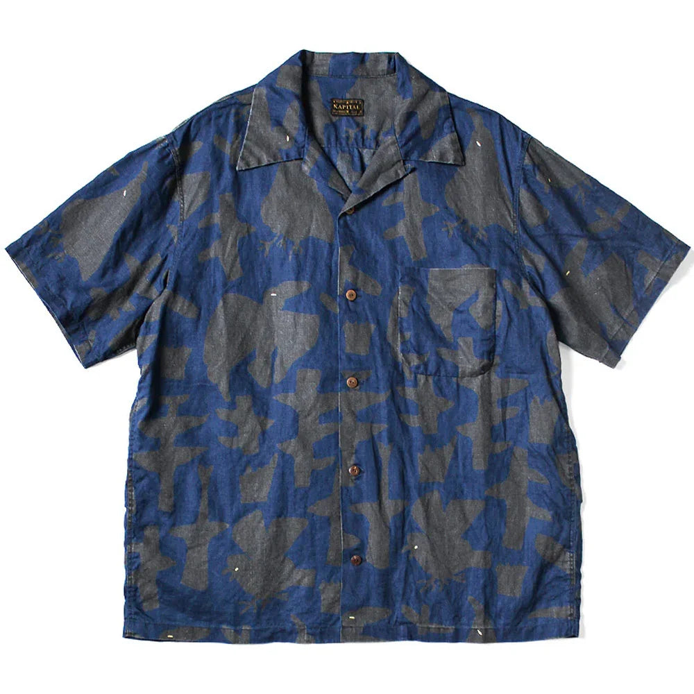 KAPITAL FRENCH CLOTH LINEN GUIDING LIGHT RAVEN-DYE ALOHA SHIRT