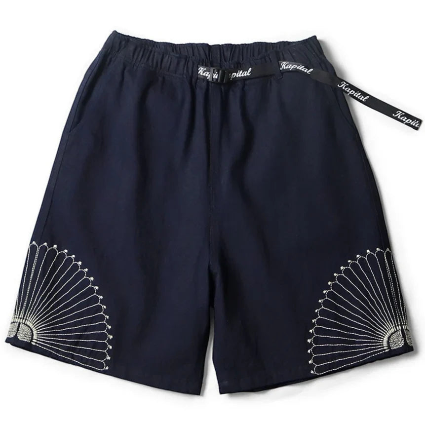 KAPITAL 10OZ IDGxIDG DENIM EASY SHORT PANTS (FUROSHIKI EMBROIDERY) 'INDIGO'