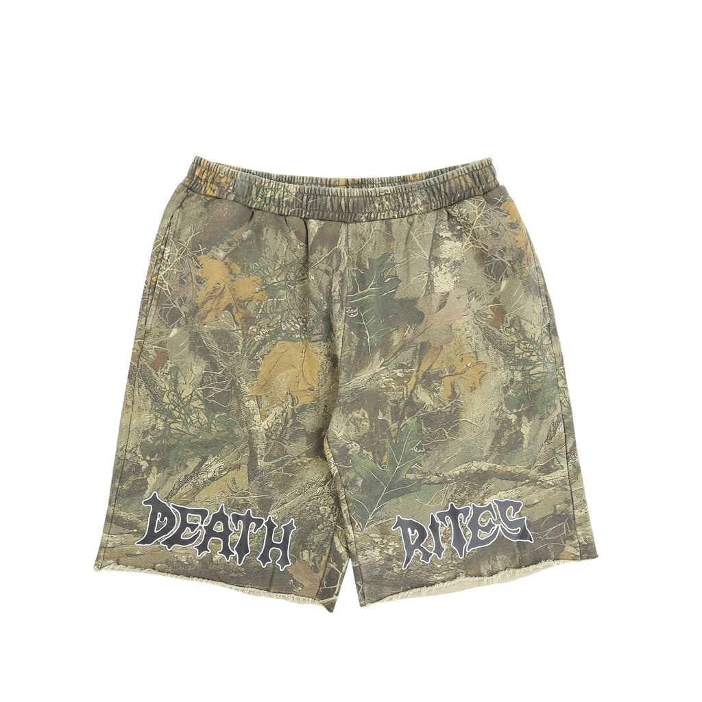 DEATH RITES SCRIPT CUT-OFF SWEAT SHORTS 'TREE CAMO' - Antithesis Store