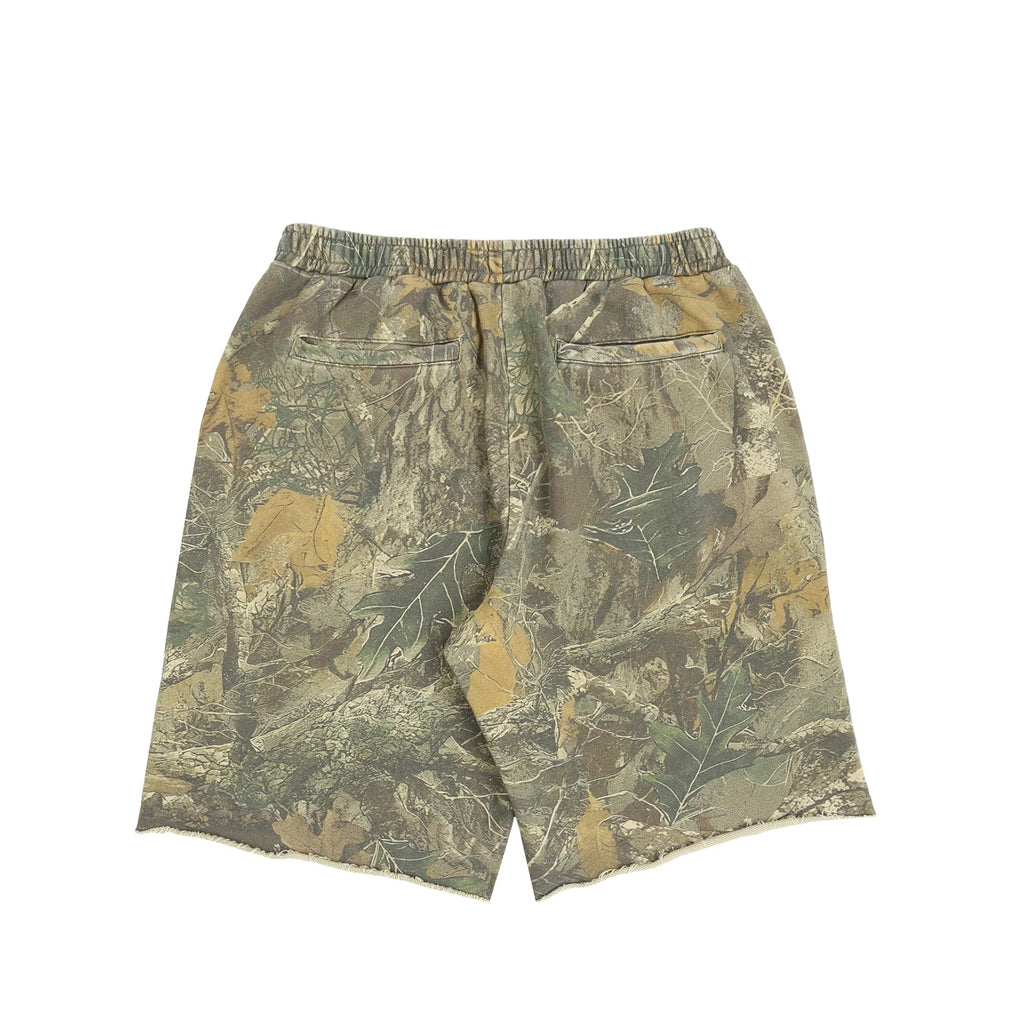 DEATH RITES SCRIPT CUT-OFF SWEAT SHORTS 'TREE CAMO' - Antithesis Store