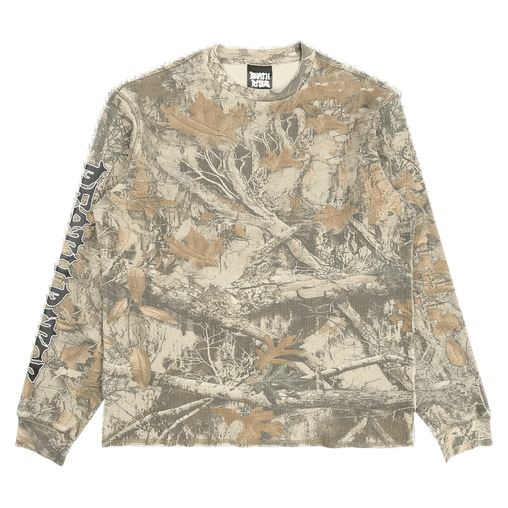 DEATH RITES SCRIPT SLEEVE WAFFLE KNIT CREWNECK 'TREE CAMO' - Antithesis Store