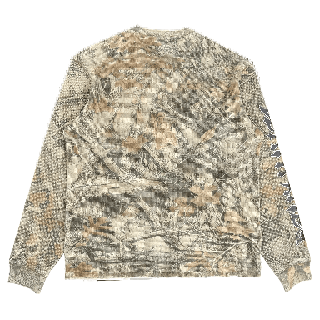 DEATH RITES SCRIPT SLEEVE WAFFLE KNIT CREWNECK 'TREE CAMO' - Antithesis Store
