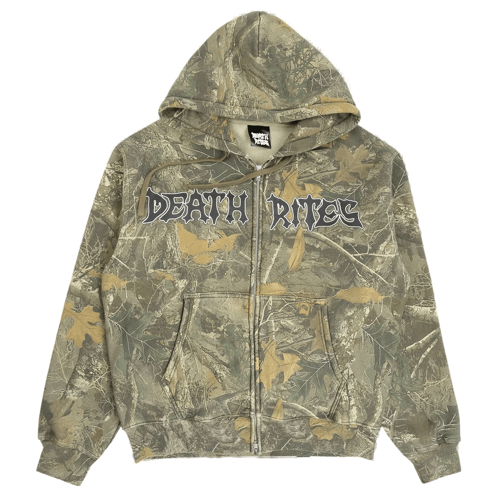 DEATH RITES SCRIPT ZIP HOODED SWEATER 'TREE CAMO' - Antithesis Store