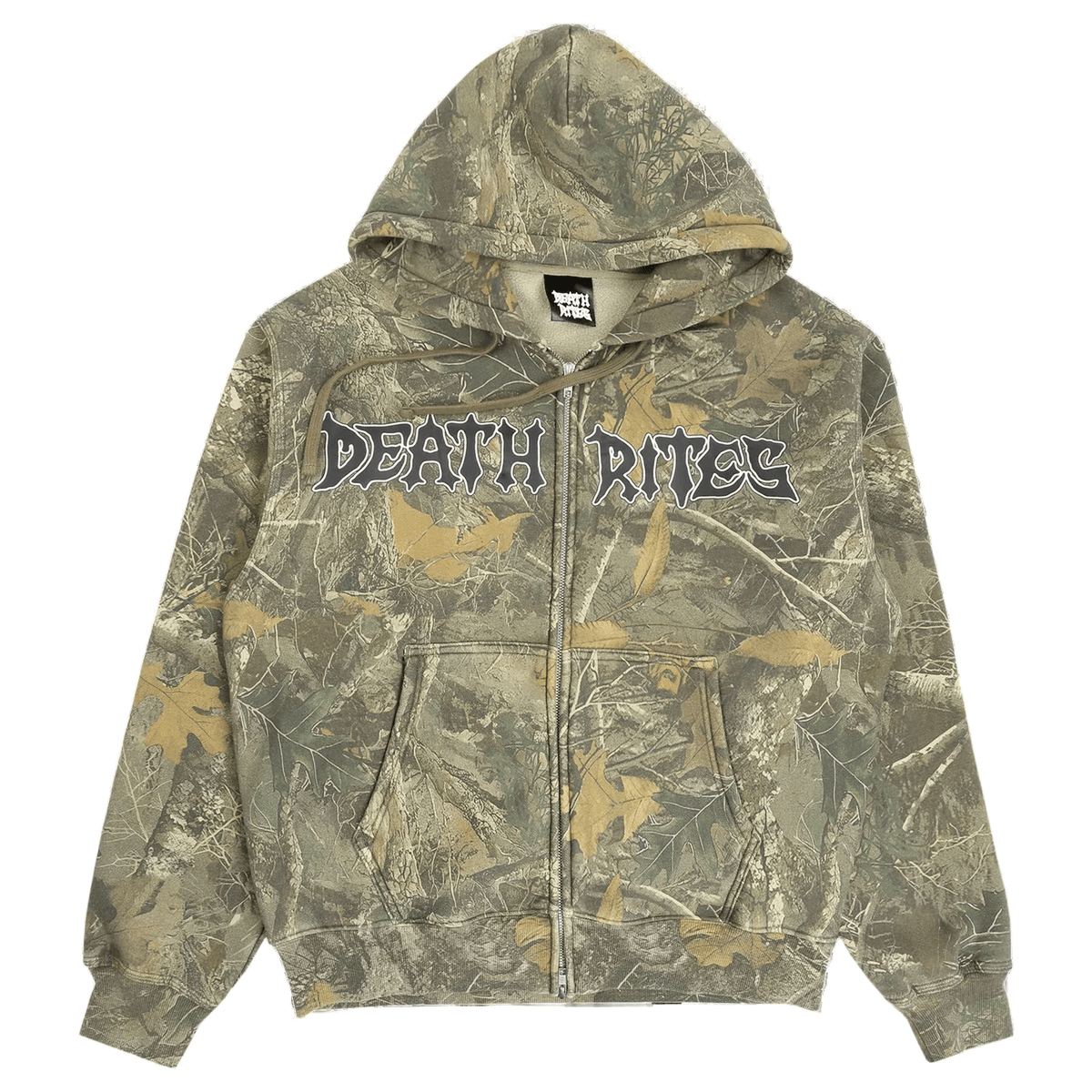 DEATH RITES SCRIPT ZIP HOODED SWEATER 'TREE CAMO' - Antithesis Store