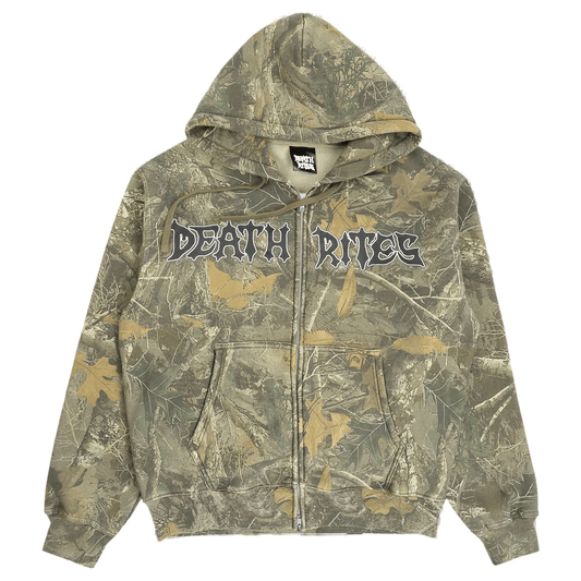 DEATH RITES SCRIPT ZIP HOODED SWEATER 'TREE CAMO' - Antithesis Store