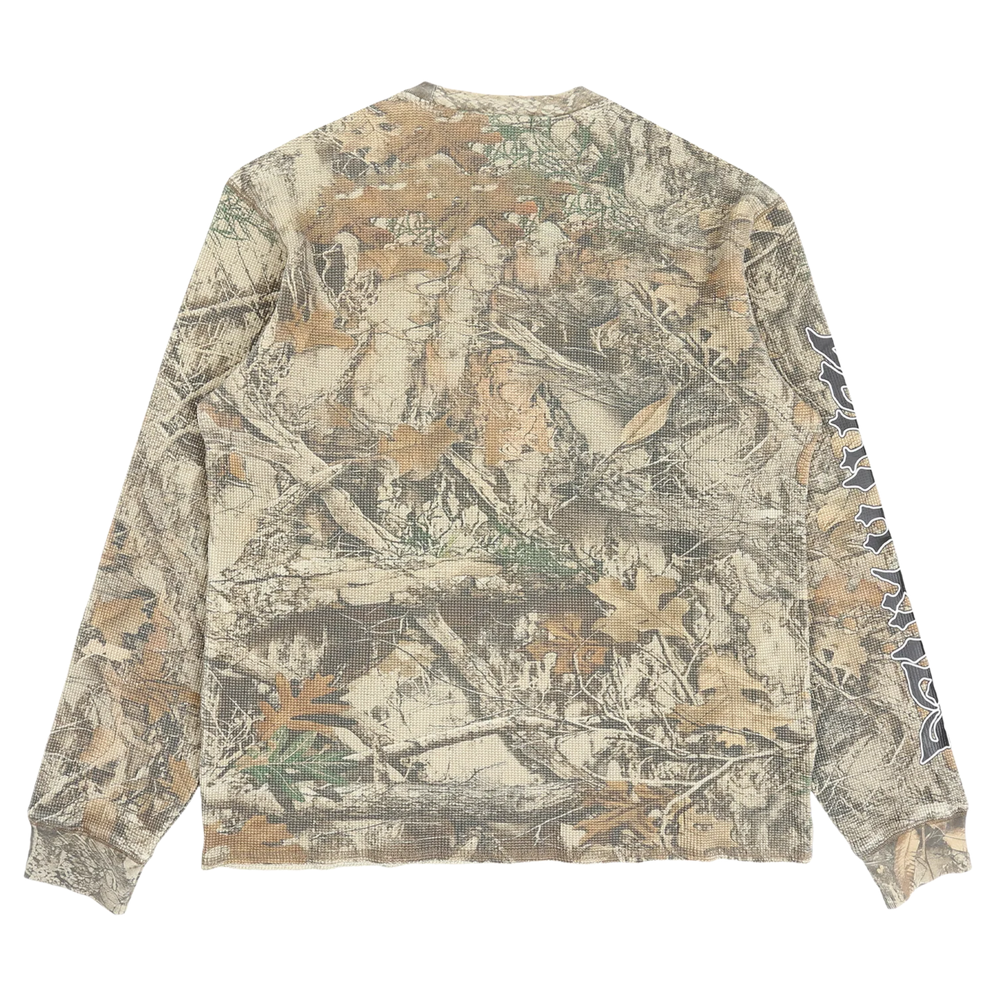 DEATH RITES SCRIPT SLEEVE WAFFLE KNIT CREWNECK 'TREE CAMO'