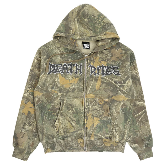 DEATH RITES SCRIPT ZIP HOODED SWEATER 'TREE CAMO'