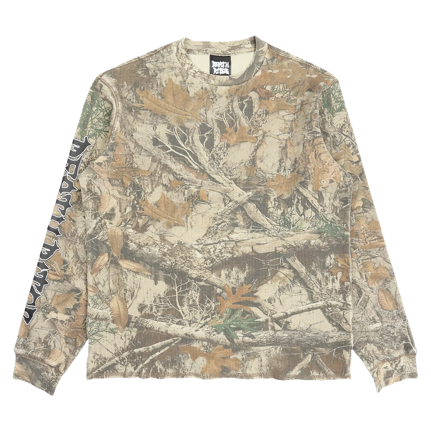 DEATH RITES SCRIPT SLEEVE WAFFLE KNIT CREWNECK 'TREE CAMO'