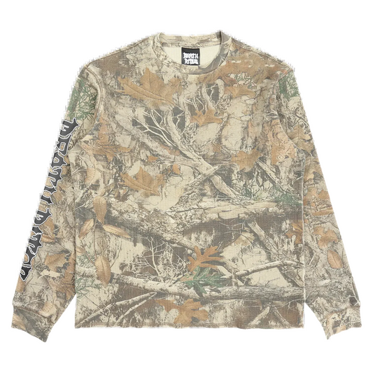 DEATH RITES SCRIPT SLEEVE WAFFLE KNIT CREWNECK 'TREE CAMO'