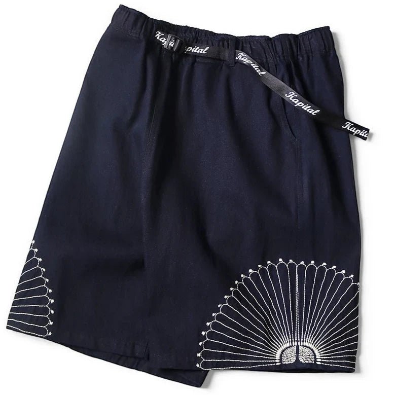 KAPITAL 10OZ IDGxIDG DENIM EASY SHORT PANTS (FUROSHIKI EMBROIDERY) 'INDIGO' - Antithesis Store