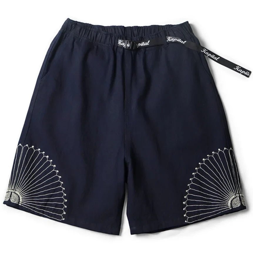KAPITAL 10OZ IDGxIDG DENIM EASY SHORT PANTS (FUROSHIKI EMBROIDERY) 'INDIGO' - Antithesis Store