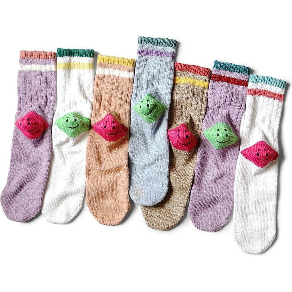KAPITAL 60 YARNS IVY RAINBOWY HAPPY HEEL-HOLD SOCKS 'PURPLExGREEN' - Antithesis Store