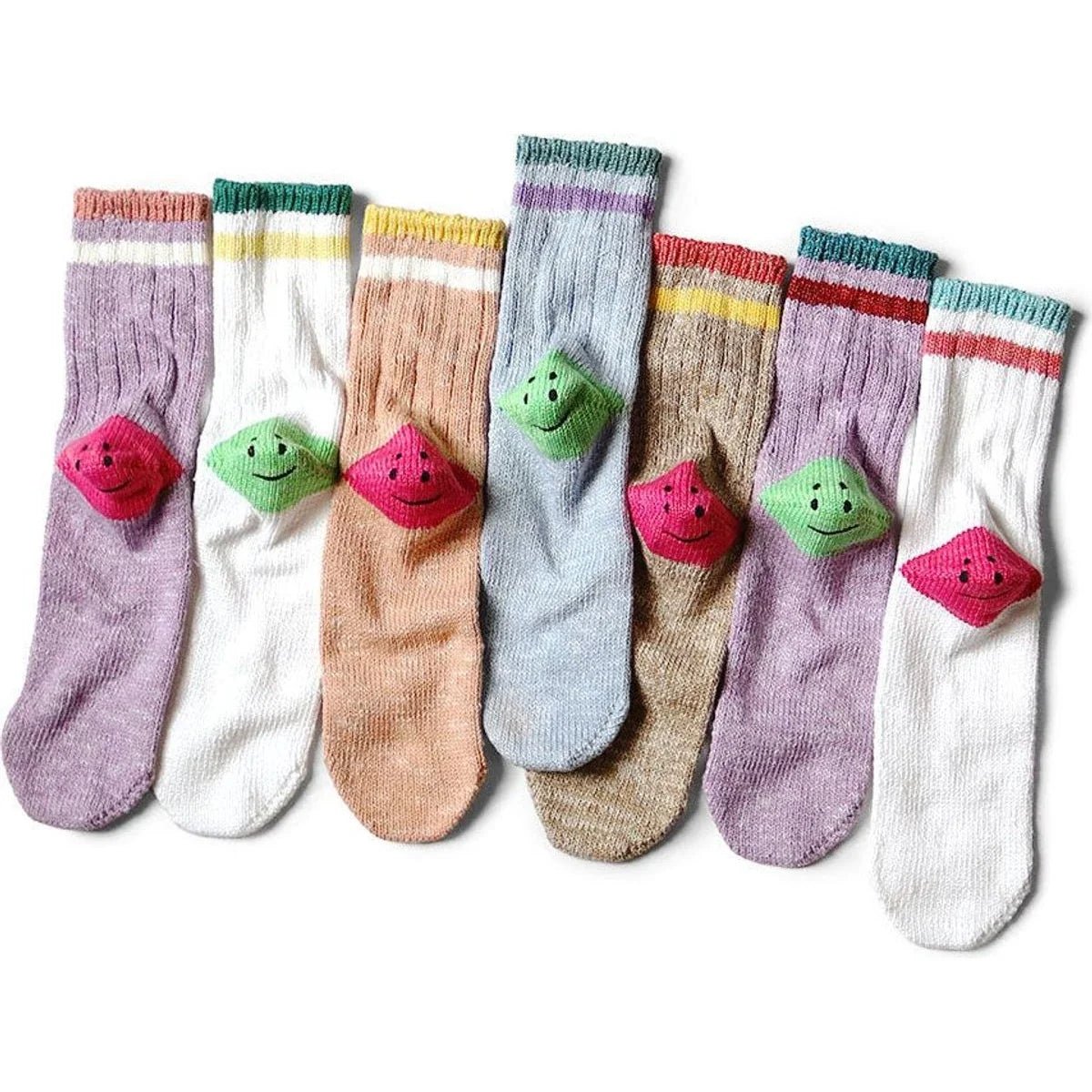 KAPITAL 60 YARNS IVY RAINBOWY HAPPY HEEL-HOLD SOCKS 'PURPLExGREEN' - Antithesis Store