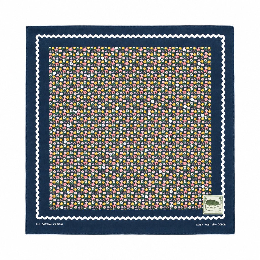 KAPITAL FASTCOLOR SELVEDGE BANDANNA (SKULL & FLOWER) 'NAVY' - Antithesis Store