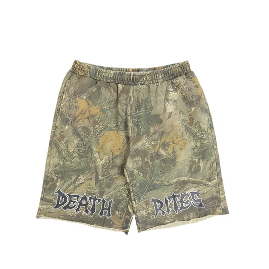 DEATH RITES SCRIPT CUT-OFF SWEAT SHORTS 'TREE CAMO'