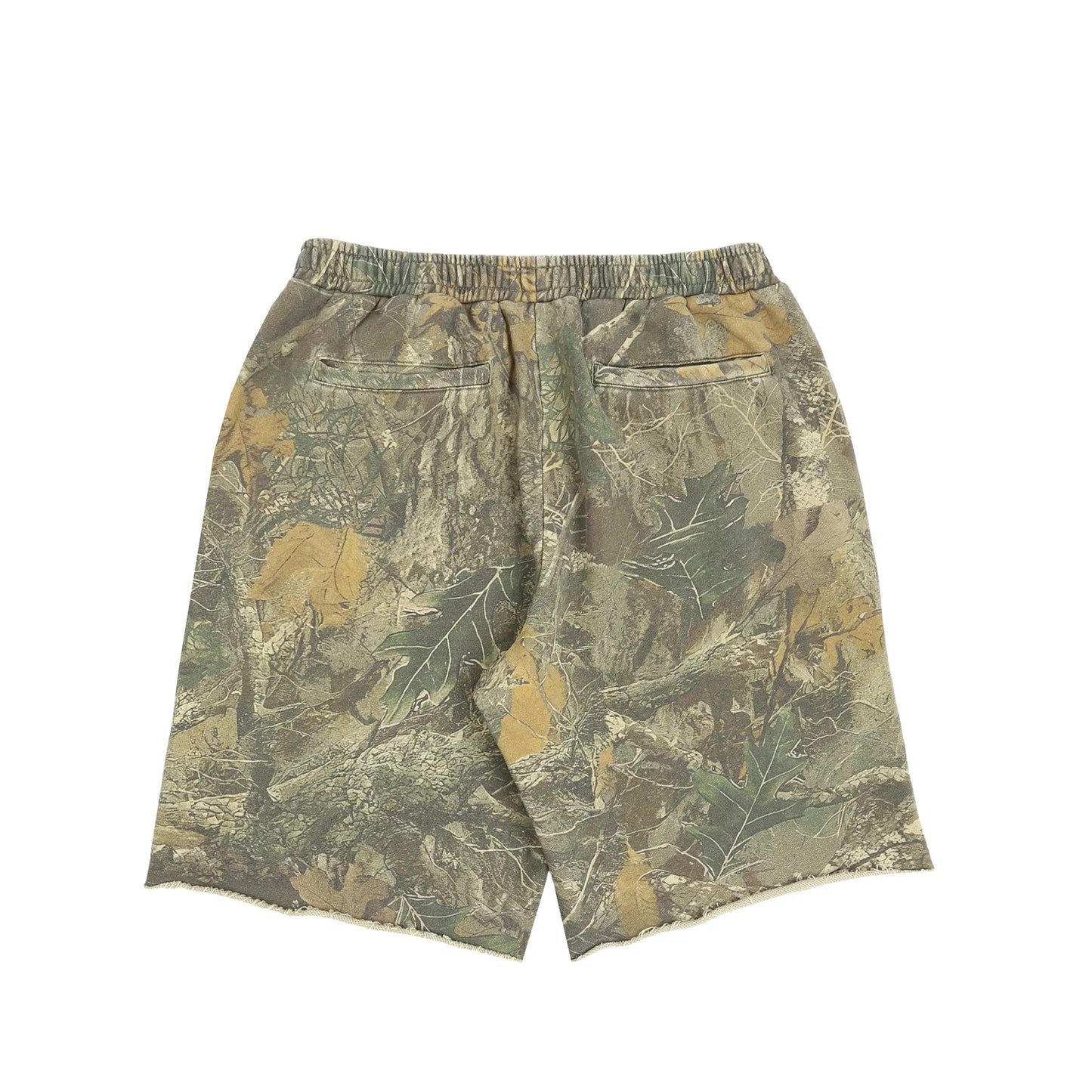 DEATH RITES SCRIPT CUT-OFF SWEAT SHORTS 'TREE CAMO'